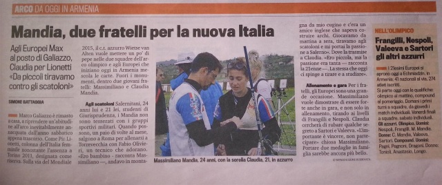 L'articolo de La Gazzetta dello Sport del 22 luglio 2012 su Max e Claudia Mandia, come apertura degli Europei
